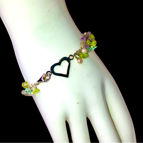 STERLING SILVER Cha Cha Gem Bracelet w/ Heart Charm Peridot Topaz Amethyst Pearl - Picture 8 of 12
